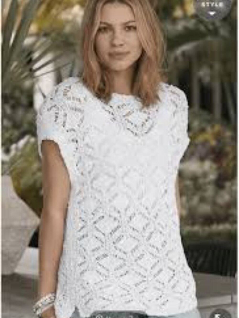 PURE JILL Cotton Open-Knit Crochet Shirt Sweater Cap-Short Sleeve L-Tall